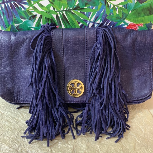 Tory Burch Handbags - TORY BURCH PURPLE SAWLA LEATHER SUEDE CLUTCH GUC M
